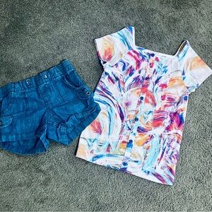 The Children's Place Colorful Swirl Top and Blue Denim Shorts Set